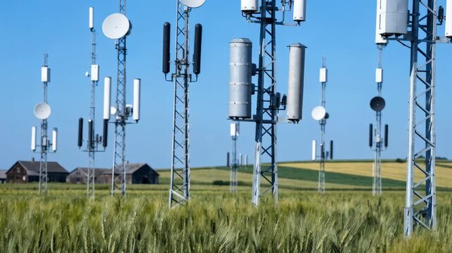 Medium shot featuring tall telecom poles cutting across expansive crop fields under a clear sky with distant barns subtly out of focus