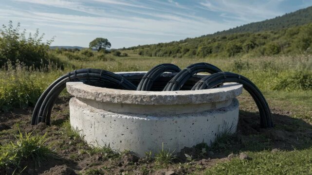 Medium shot of a newly placed handhole in a grassy greenfield with focused cables and vault structure contrasted against soft unfocused natural surroundings
