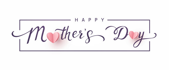 Fototapeta na wymiar Mother's day greeting card. Vector banner with pink paper hearts. Symbols of love, frame and calligraphy text on white background
