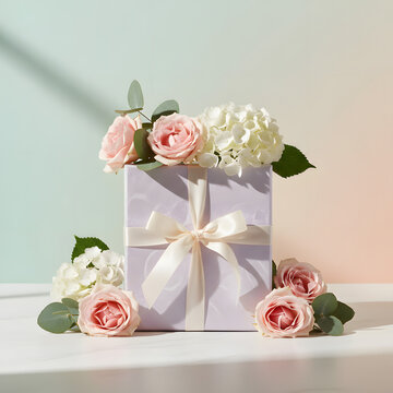 Gift Box with Ribbon and Flowers Minimal Aesthetic