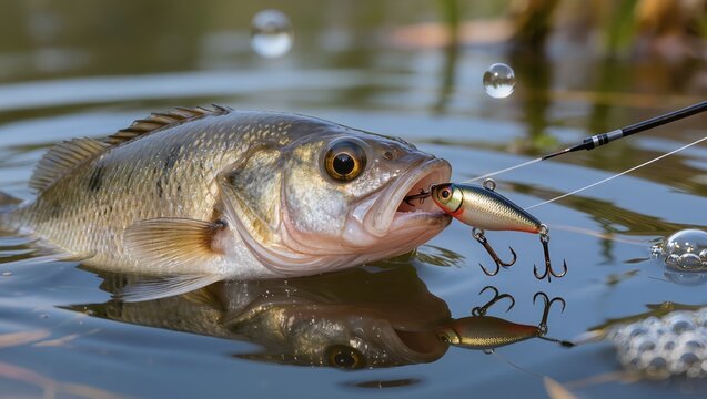 Close-up of fish in water caught on artificial lure with fishing line visible. Scene highlights fishing activity and sport angling process