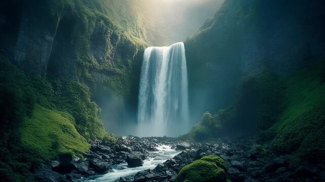 majestic waterfall cascading down rocky cliffside surrounded by lush g