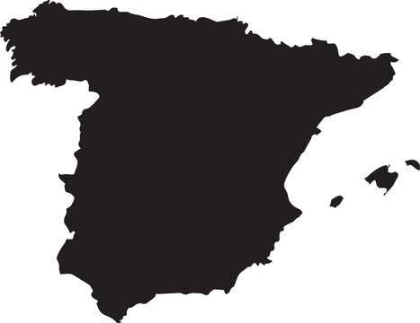 Black silhouette map of Spain simple vector graphic representing the Iberian Peninsula for travel and geography concepts isolated on white