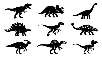 Obraz premium Set of silhouette illustrations of nine different prehistoric dinosaurs in various poses and species