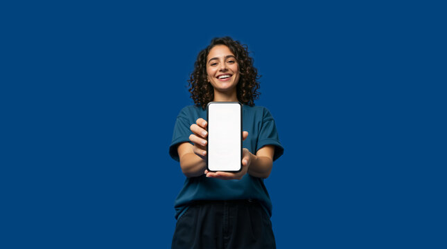 Smiling young woman showing blank smartphone screen on blue background. Happy female holding mobile phone for app mockup or digital advertisement. Copy space for text