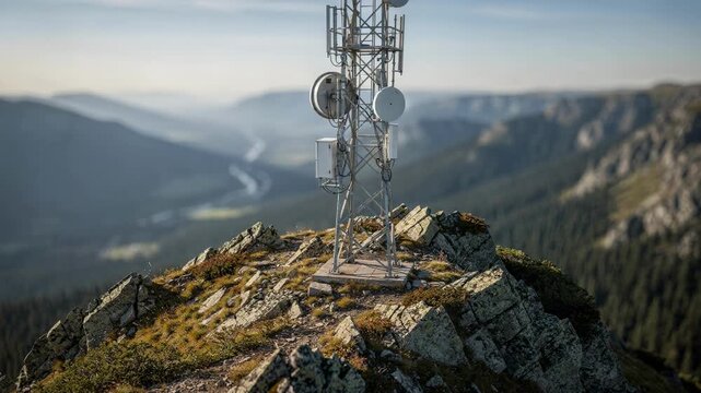 View of a fixed wireless relay on a mountain ridge main tower crisply in focus with expansive blurred valley and pine trees extending into the background.