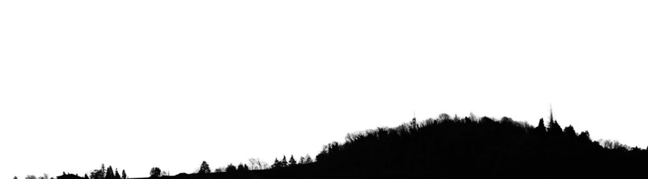 Black silhouette of a forested hill and tree line isolated on a transparent background. Minimalist panoramic landscape silhouette for sky replacement, architectural mockups