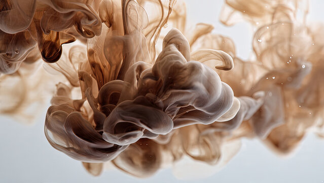 Abstract macro of coffee and milk ink dissolving in water forming organic cream and brown cloud formations on white background