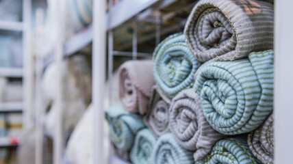 Neatly rolled fleece blankets in pastel colors stacked on shelves in a store © shine.graphics