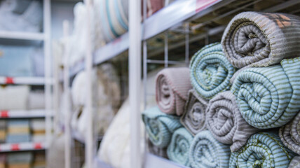 Neatly rolled blankets and textiles displayed on store shelves in a retail environment © shine.graphics