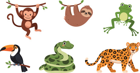 Fototapeta premium Cute Jungle Animals Set with Monkey Sloth Frog Toucan Snake and Leopard, Cartoon Wildlife Collection for Kids Illustration and Tropical Nature Design