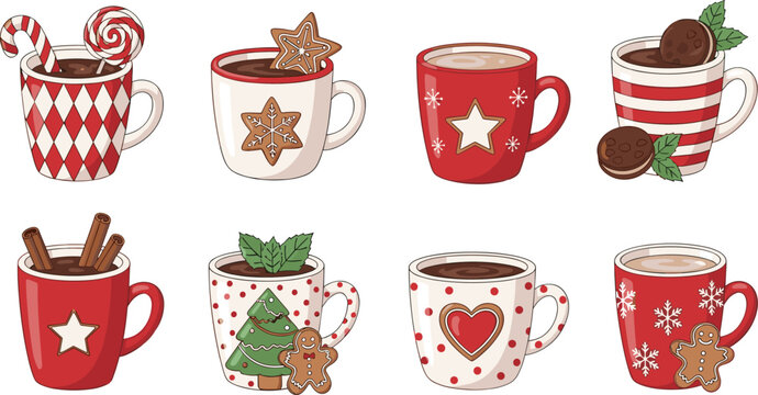 Christmas Mug Set with Hot Cocoa Candy Cane Gingerbread and Festive Winter Drinks Cozy Holiday Cartoon Vector Illustration Collection