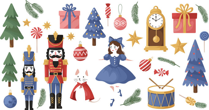 Christmas Nutcracker Ballet Characters Set with Holiday Decorations Gifts Trees Drum Clock Ornaments Festive Cartoon Vector Illustration Collection