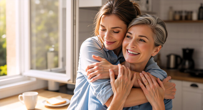 Young woman hugging an older woman in a sunny kitchen. Happy family bond at home. Mother's day lifestyle