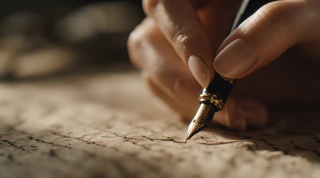 Pen to Paper: A close-up view of a hand delicately using a fountain pen on vintage paper, perfect for conveying ideas about creativity and storytelling.