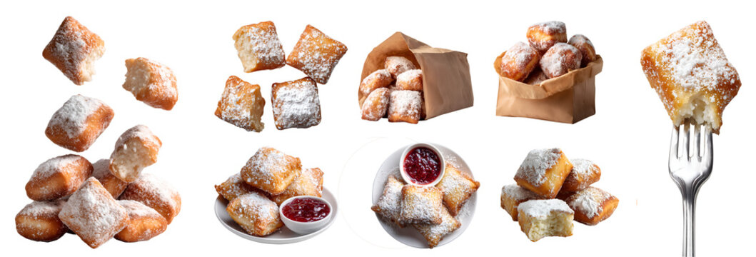 Set of fried Beignet with powdered sugar, square dough donuts doughnut choux pastry, takeout brown paper bag, plate with jam, fork, stack pile broken fly, transparent cutout PNG. Mockup for design