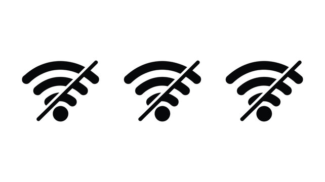 No WiFi sign, disconnect WiFi icon set with blocked wireless signal symbols, internet connection off indicators, simple technology warning graphics, isolated vector illustration.