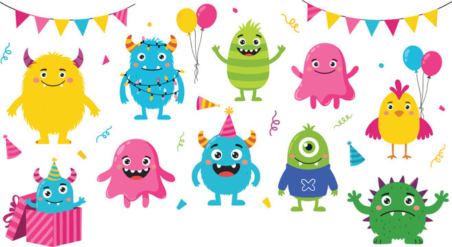 Cute Cartoon Monster Party Character Set with Funny Creatures, Balloons, Birthday Decorations, and Colorful Fantasy Mascots in Playful Vector Illustration Collection