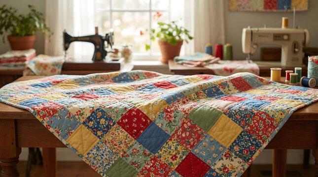 Cozy Patchwork Quilt with Floral Squares Resting on a Table Near a Sewing Machine and Window