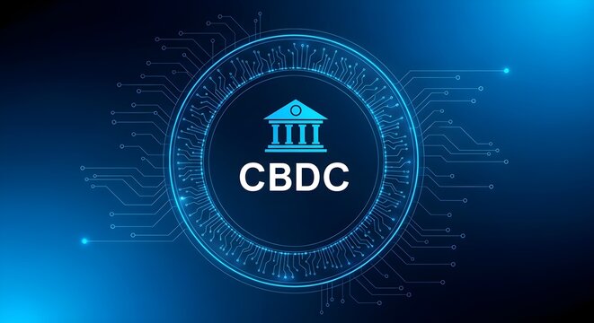 Central Bank Digital Currency CBDC concept with futuristic blue circuit design