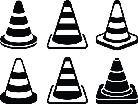 Traffic cone vector icon set, black silhouettes for road safety and construction site signs