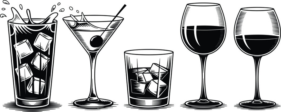 Hand drawn vintage cocktail and wine glass collection, featuring alcoholic beverages with ice splashes