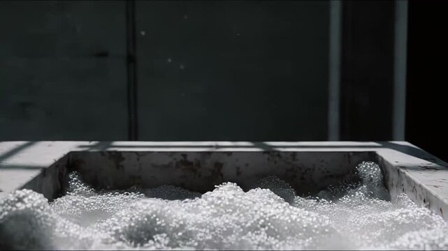 White foam and bubbles erupting from soapy liquid, creating dynamic abstract textures and splashing motion against a dark background with dramatic light and shadow