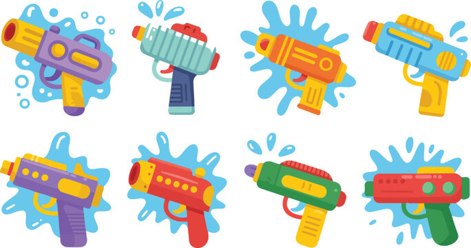 Kids Water Gun Vector Set with Plastic Toy Blasters, Summer Outdoor Games, Liquid Splashes, Pump Handguns for Songkran Party