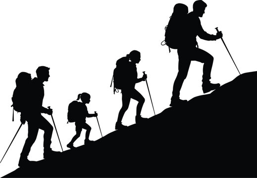 Family silhouette hiking uphill together with backpacks and walking sticks on white background vector
