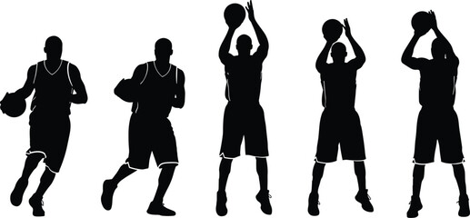 Basketball player silhouette illustration set, dribbling shooting jump shot motion artwork, athletic sport vector design concept © Anonto