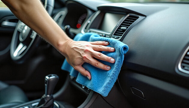 Cleaning car interior dashboard with microfiber cloth for detailing service