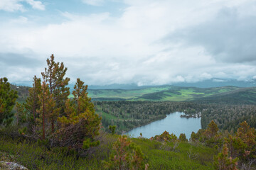 Fototapeta premium Scenic top view from green lush thickets and coniferous trees on mountain pass to big wood lake against hilly vastness far away in low clouds. Long forest lake and sunlit woody hills under cloudy sky.