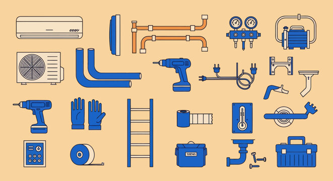 HVAC Tools and Equipment Collection: Air Conditioner, Drills, Pipes, Ladder, Toolbox