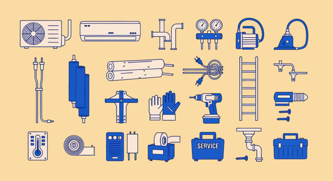 HVAC Tools and Equipment Set: Air Conditioner, Drill, Ladder, Thermometer, Gauge, Pipes