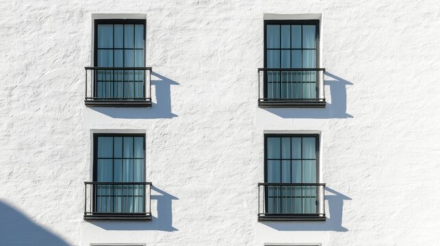 A white building with four windows and black railings.
