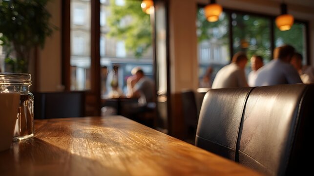 Sunlight streams across a warm wooden table in a cozy cafe with blurred patrons enjoying conversation in the background