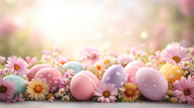 Colorful pastel Easter eggs with charming polka dots nestled amongst vibrant spring flowers, bathed in soft light, creating a joyful seasonal display