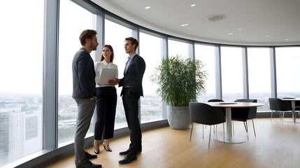 Fototapeta premium Three professionals in business attire discussing in a modern office with a panoramic cityscape view