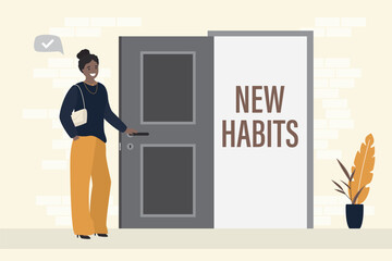 New habits for confident woman. Smart girl opens door looking for new direction. Successful businesswoman with positive thinking, motivation. Choose new way for development.