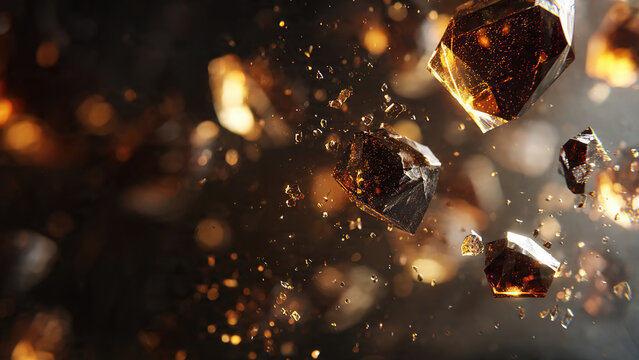 Macro close-up of crystalline coffee ice fragments exploding and tumbling across a dark surface with golden bokeh particles