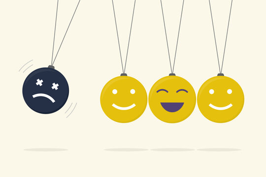 Negative thinking will destroy positivity. Pessimism will defeat optimism. Balance between happiness and sadness, launching sadness face pendulum ball to hit other smile faces.
