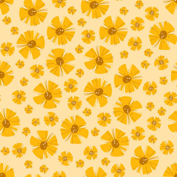 Cute and colourful spring yellow flower pattern on bage  background. Vector seamless garden wild farfara art