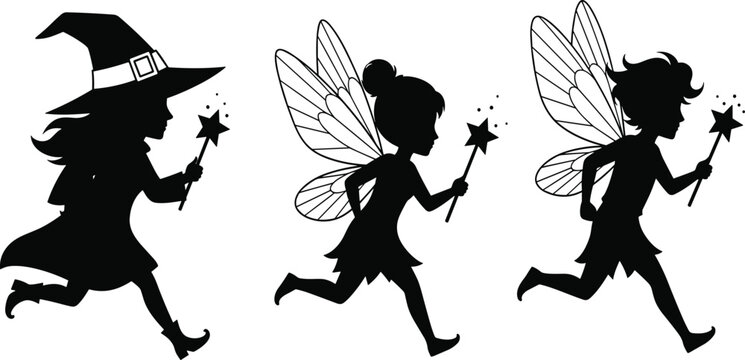 Fantasy silhouette collection, witch outline figure, fairy motif illustration, magic icon art, spell design graphic, whimsical posture symbol image