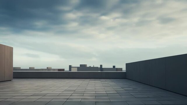 Empty rooftop deck and minimalist concrete architecture under a cloudy sky, offering a calm, expansive urban skyline view with clean geometric lines and open contemporary space