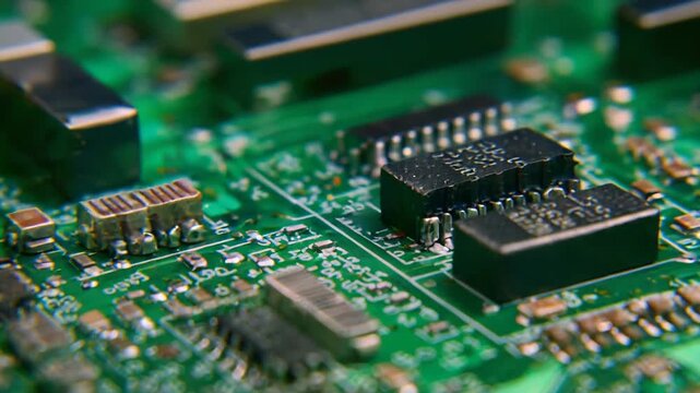 Detailed view capturing the intricate components and connections on a green circuit board, highlighting the core of electronic devices and advanced computing technology
