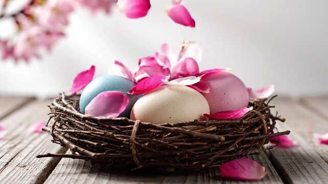 Gentle Nature Themed Display Scene. Soft Pastel Eggs Nestled Among Blossoms On Rustic Wooden Surface. Delicate Seasonal Tableau Featuring Eggs And Cherry Blossoms For Greeting Cards And Sharing