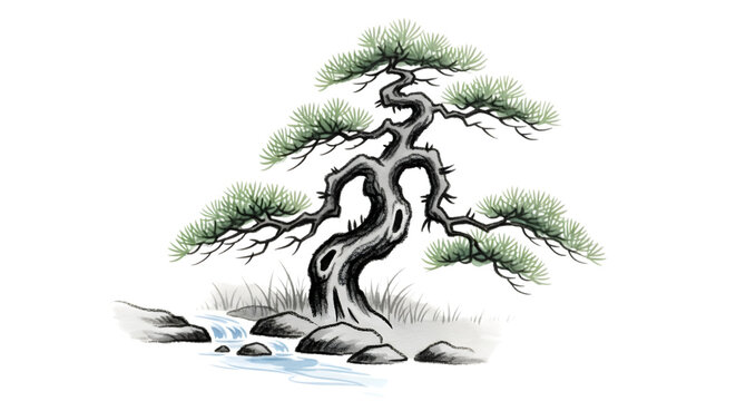 Hand drawn illustration of a stylized bonsai pine tree isolated on transparent background