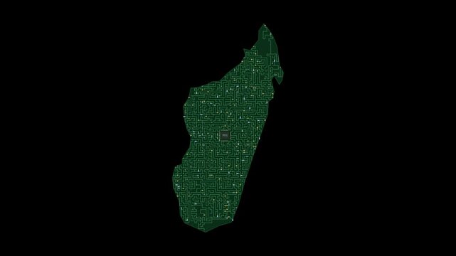 Circuit board map animation of Madagascar &ndash; Digital PCB Territory Visualization, Technology, Communication