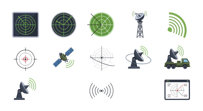 Radar and Sonar Icons Set, Navigation Scanning System, Satellite Signal, Military Radio Antenna, and Maritime Surveillance Vector Illustration