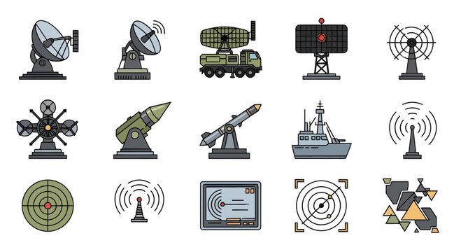 Military radar and defense system icons set, satellite dish, missile launcher, naval ship, and surveillance technology vector illustrations for security and telecommunication concepts.